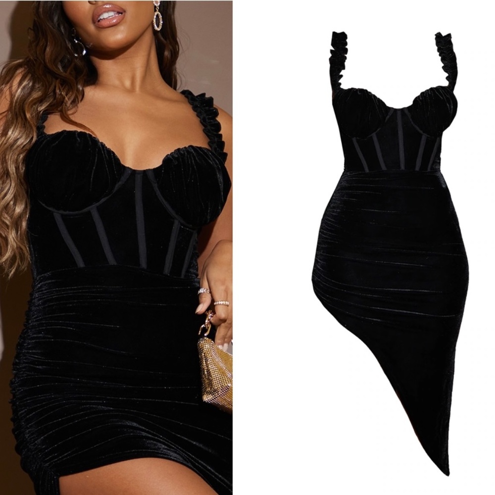 Black Velvet Ruffle Stop Corset Detail Midi Dress - Picture 1 of 4